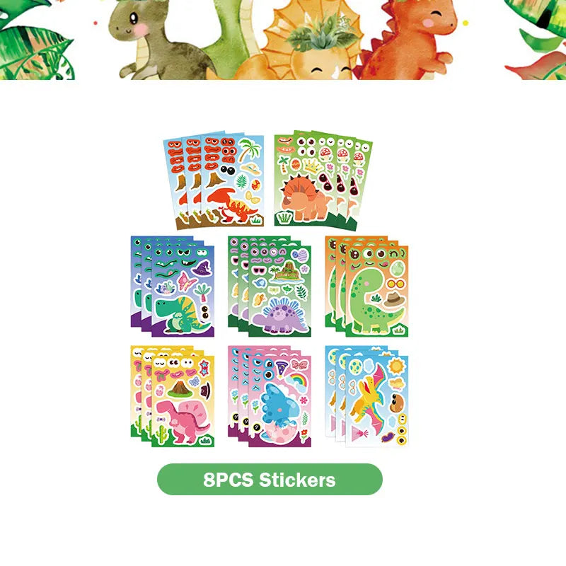 A collection of 8 pieces of dinosaur-themed stickers for a birthday party kit.