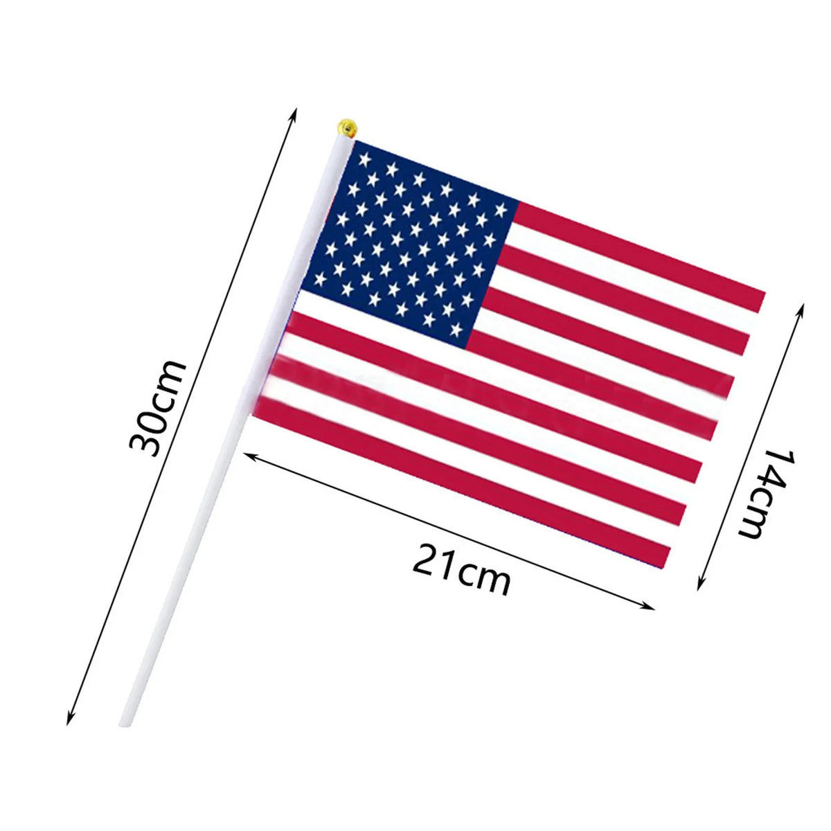 A white flagstick displaying the American flag design, measuring 30cm long.