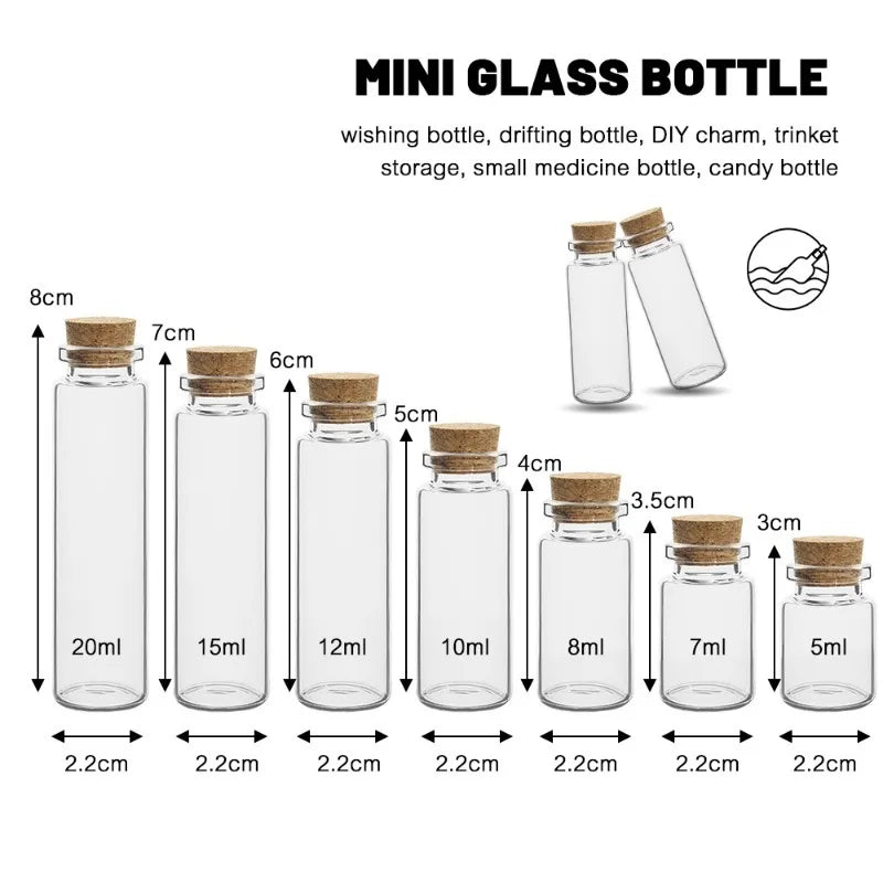 A set of mini glass bottles in various sizes with cork stoppers for storage or craft use.