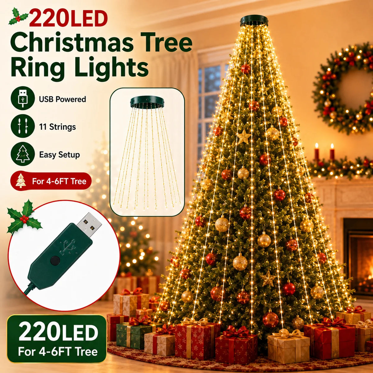 220LED Christmas tree ring lights illuminating a decorated Christmas tree.