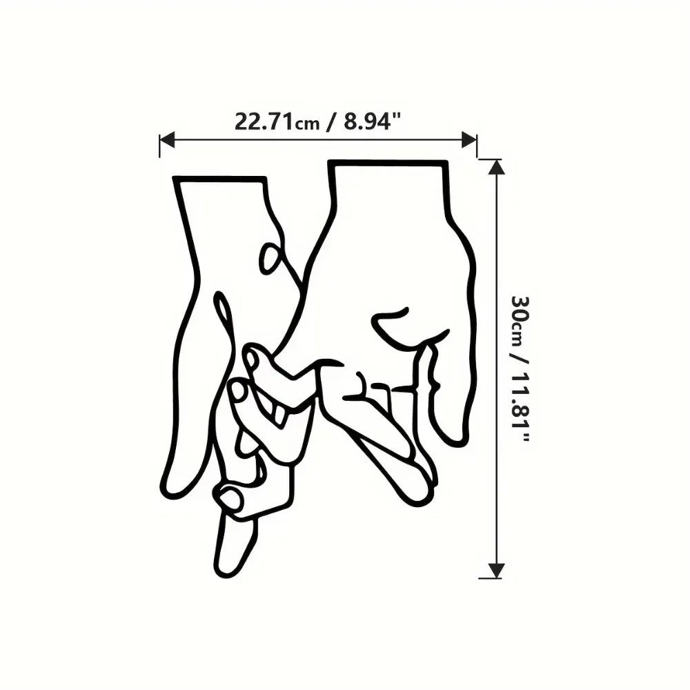 Line drawing of two hands clasped together showing a measurement scale.