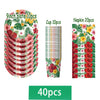 A set of tropical hibiscus tableware including 9 inch plates, 10 cups, and 20 napkins.