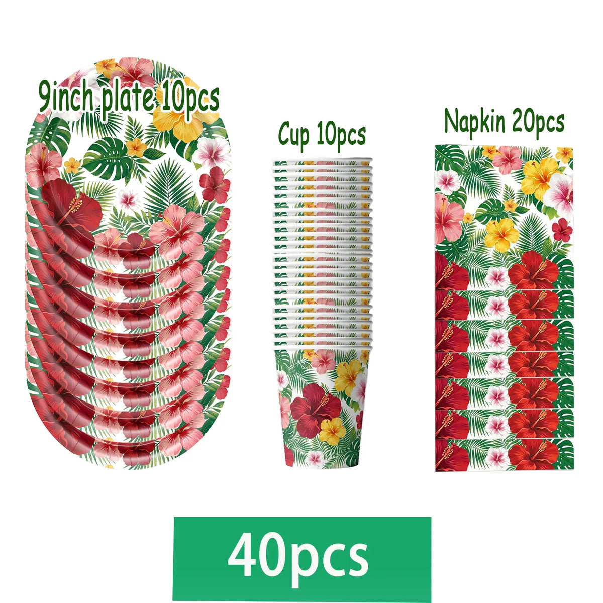 A set of tropical hibiscus tableware including 9 inch plates, 10 cups, and 20 napkins.
