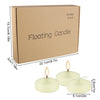 A box containing a set of twelve floating candles with white wax and a slender wick.