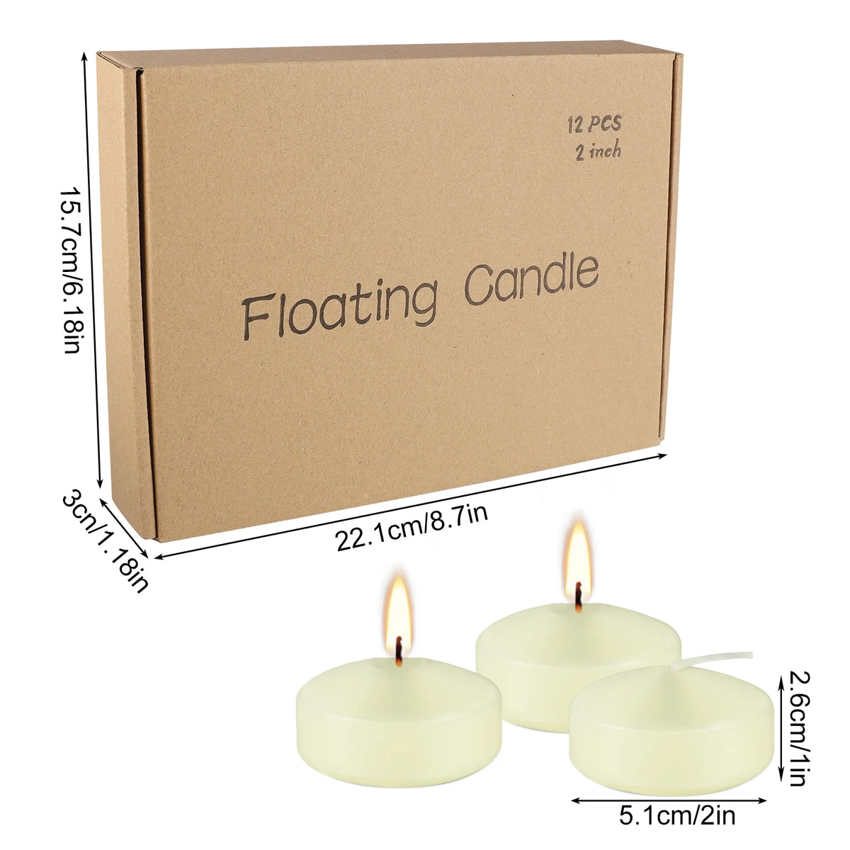 A box containing a set of twelve floating candles with white wax and a slender wick.