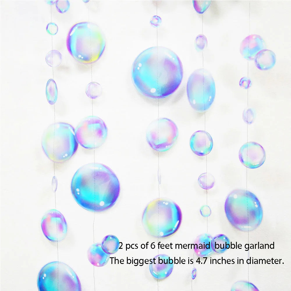 A garland of iridescent mermaid bubbles, with the largest bubble measuring 4.7 inches in diameter.