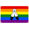 Drapeau arc-en-ciel horizontal avec deux plumes stylisées noires et blanches au centre.
