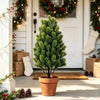 A tall artificial pine tree in a terracotta pot stands in front of a white door decorated with holiday greenery.