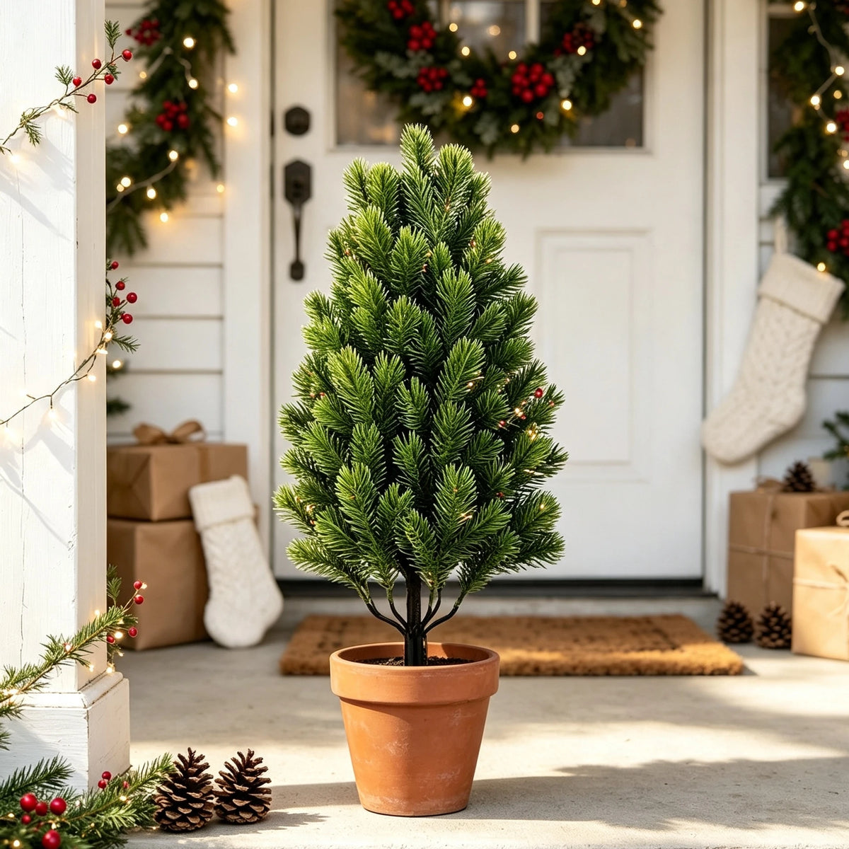 A tall artificial pine tree in a terracotta pot stands in front of a white door decorated with holiday greenery.