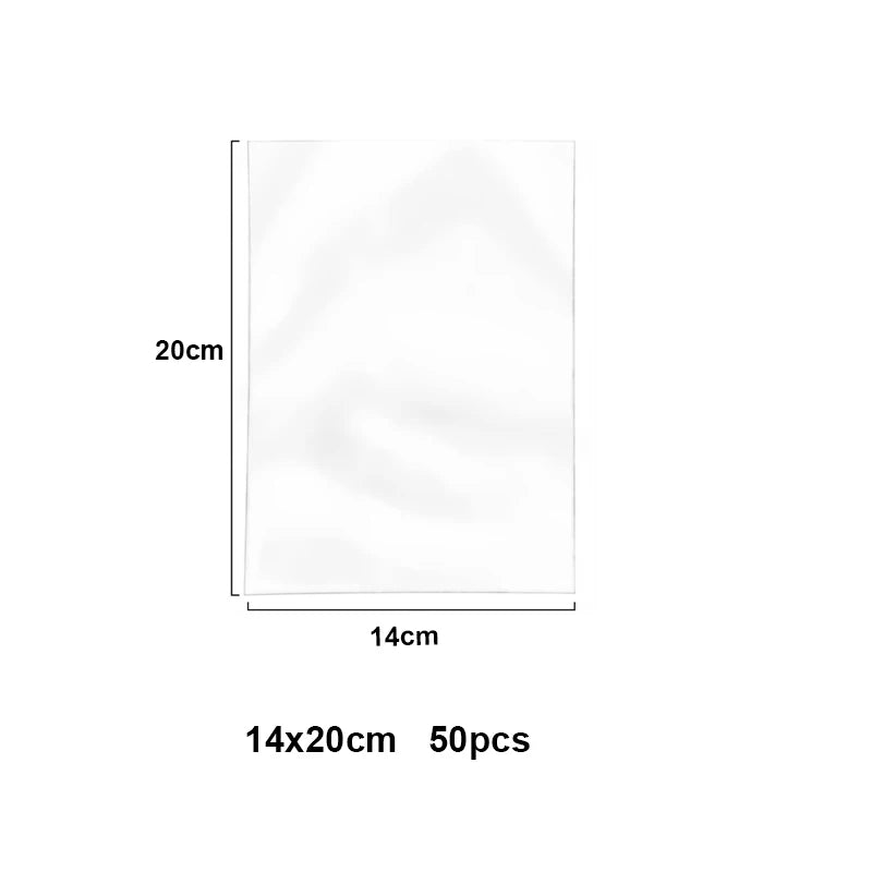 White cellophane treat bags measuring 14cm by 20cm, sold in a pack of 50 pieces.