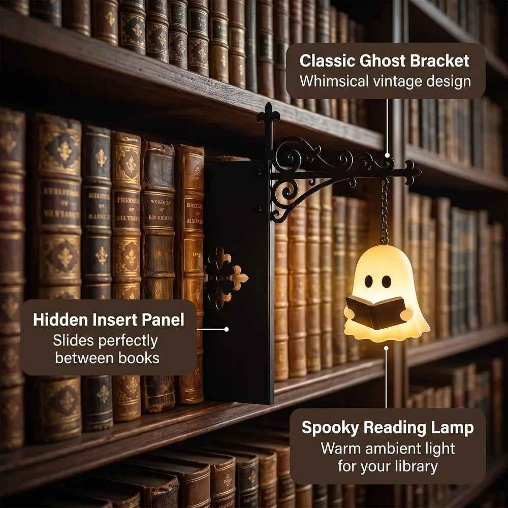 A black ghost bracket holds a hidden insert panel between old books, illuminating the shelf with a warm reading lamp light.