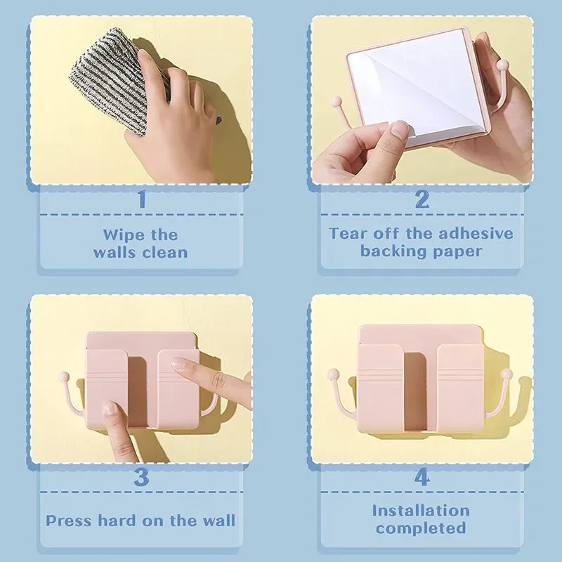 Four steps showing how to install a wall-mounted organizer with a phone holder and charging dock