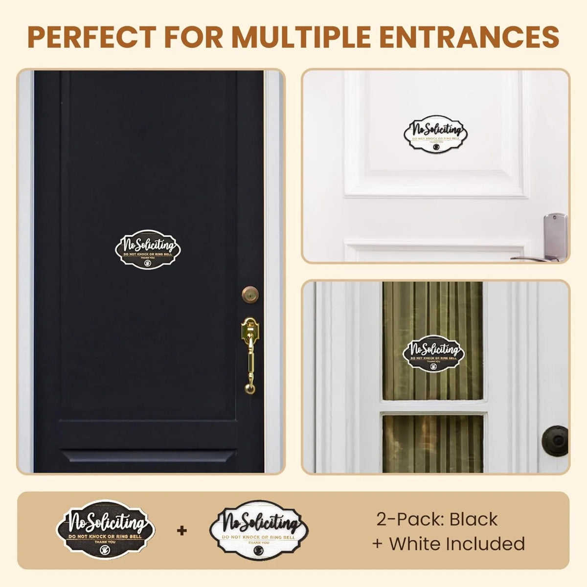 A set of two black and white wooden no soliciting signs for multiple entrances.