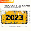 A yellow metal sign with the year 2023 painted on it, showing dimensions of 30 cm by 5.91 inches.