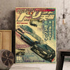 Impression de peinture verticale vintage JDM supercar Drift Tengoku avec des tons jaunes et verts vibrants.