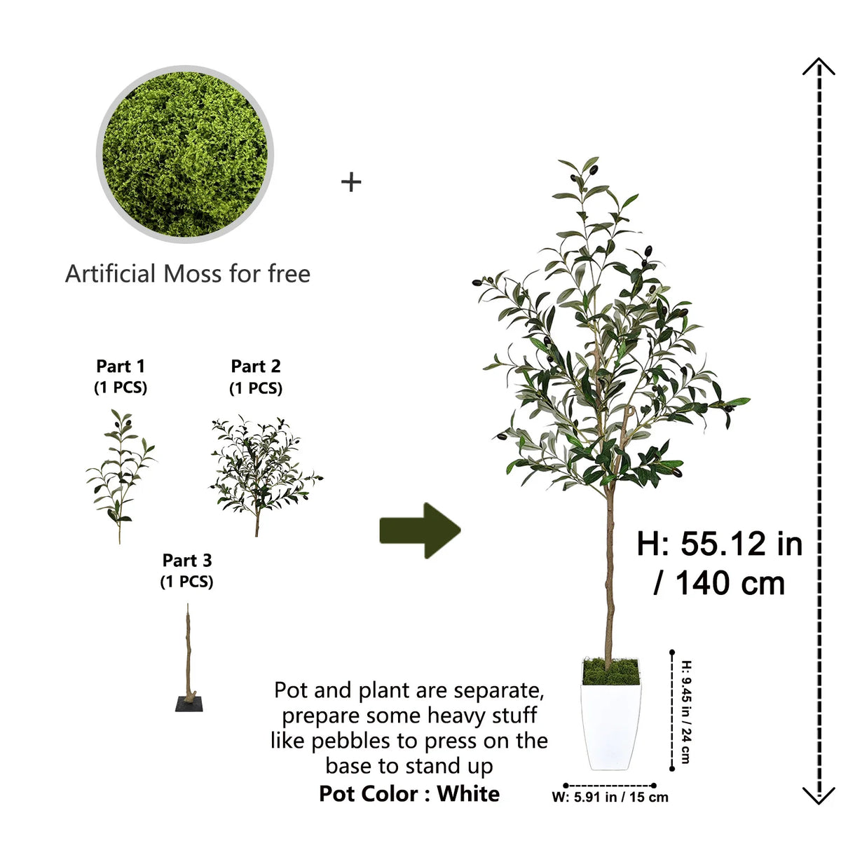 Artificial moss is combined with a plant to create a lifelike artificial olive tree for decor.