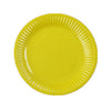 A bright yellow disposable plate with ribbed edges.