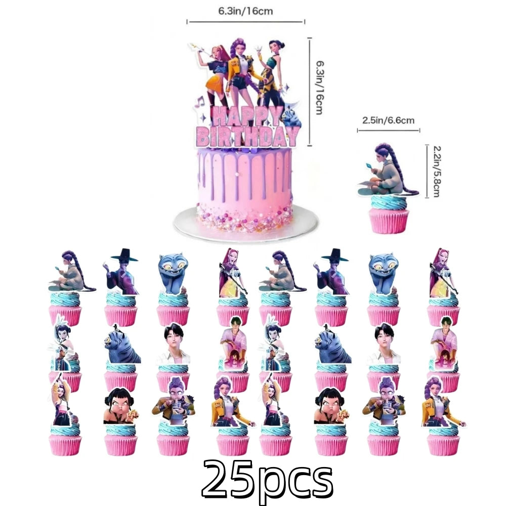 A set of 25 pink and purple anime hunter girl cake toppers featuring various characters.