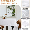 Details of a white tablecloth showing fine seaming, high quality fabric, and ease of storage.