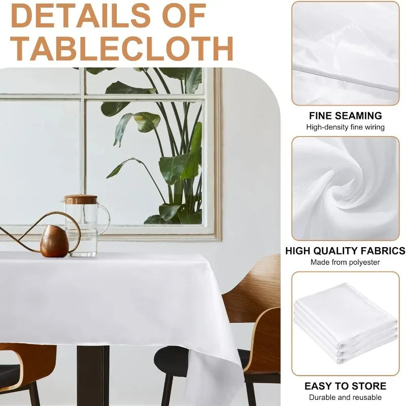 Details of a white tablecloth showing fine seaming, high quality fabric, and ease of storage.