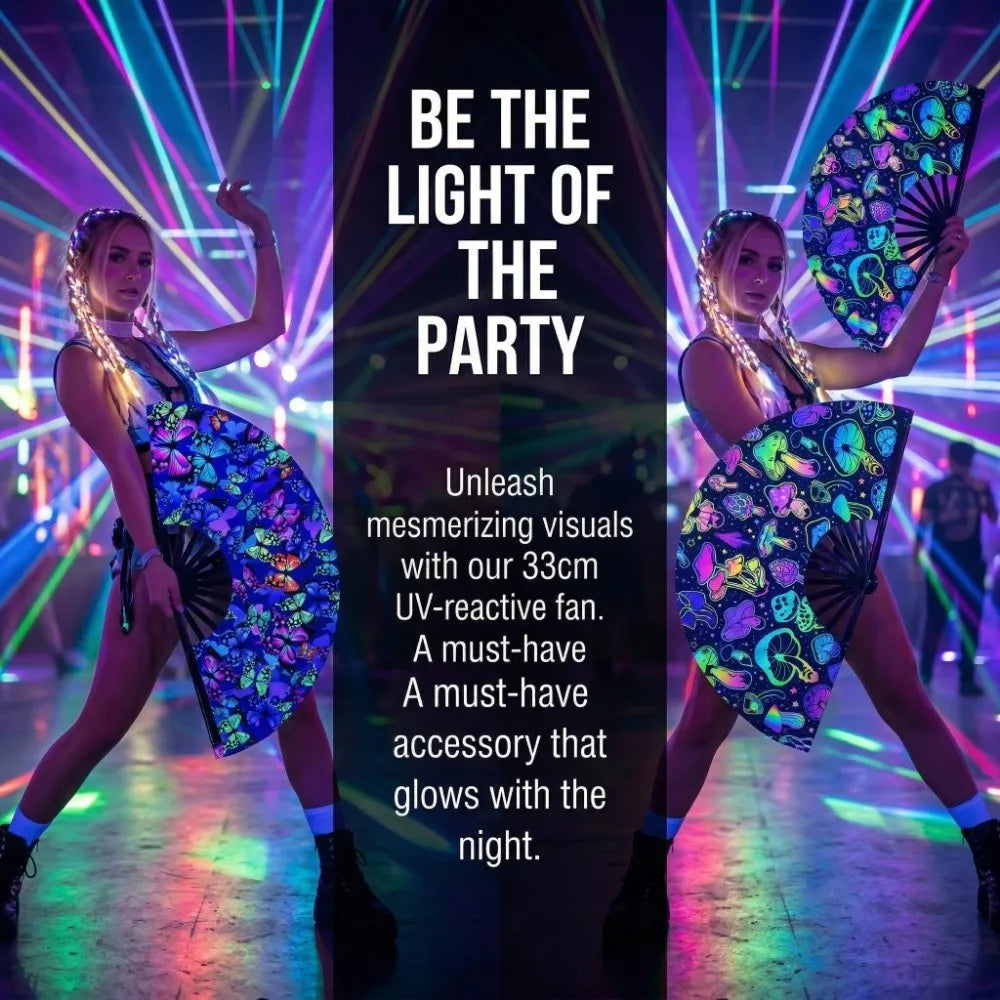 A woman wearing a fluorescent UV glow folding rave hand fan under vibrant stage lights.