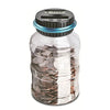 A clear plastic jar filled with coins, topped by a digital coin counting piggy bank with an LCD display.