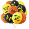 A bunch of yellow, orange, and black latex balloons featuring construction equipment graphics for a birthday celebration.