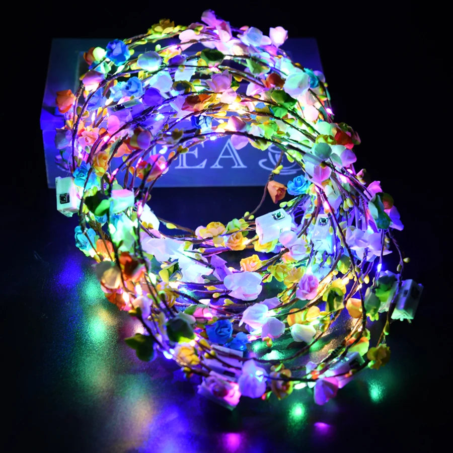 A glowing flower wreath headband made of many small LED lights in various colors.