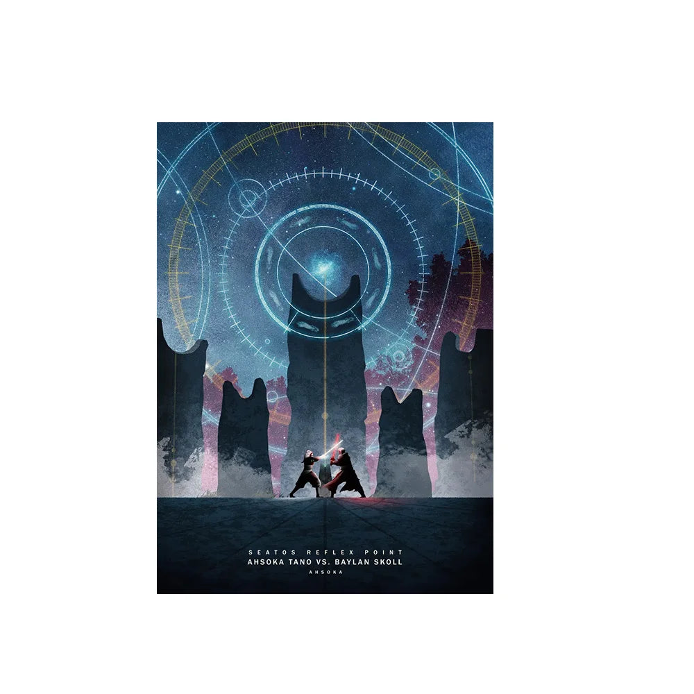 A dark, stylized poster featuring a glowing circular design and silhouettes of two figures facing off against a dramatic back