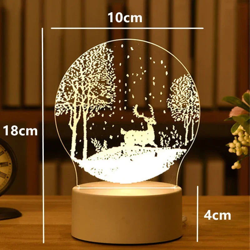 A glowing acrylic night light featuring a silhouette of a deer in a forest setting.