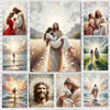 A collage of paintings depicting scenes from the Bible, including Christ embracing a child and other biblical figures.
