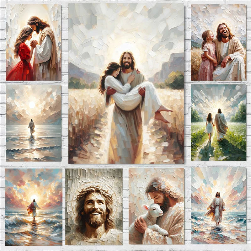 A collage of paintings depicting scenes from the Bible, including Christ embracing a child and other biblical figures.