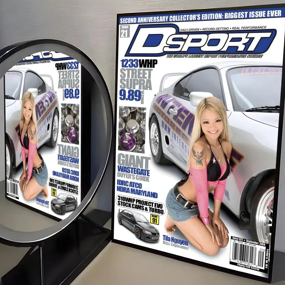 A poster for an DSPORT second anniversary collector's edition featuring a white sports car and a blonde woman.