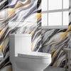 A white toilet is set against a wall tiled with gray and gold marble patterns.