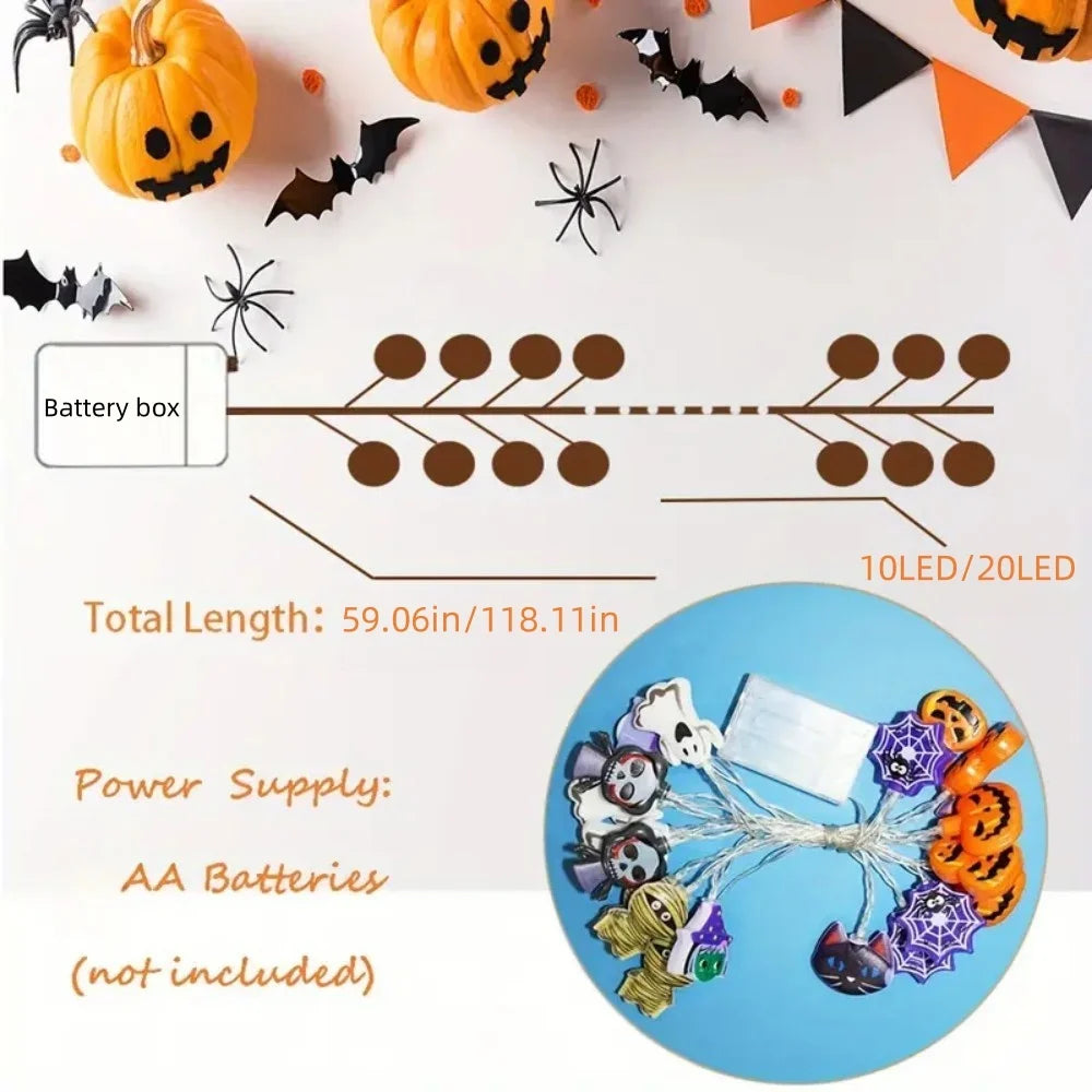 Battery-operated Halloween string lights featuring bats and spiders displayed on a white background.