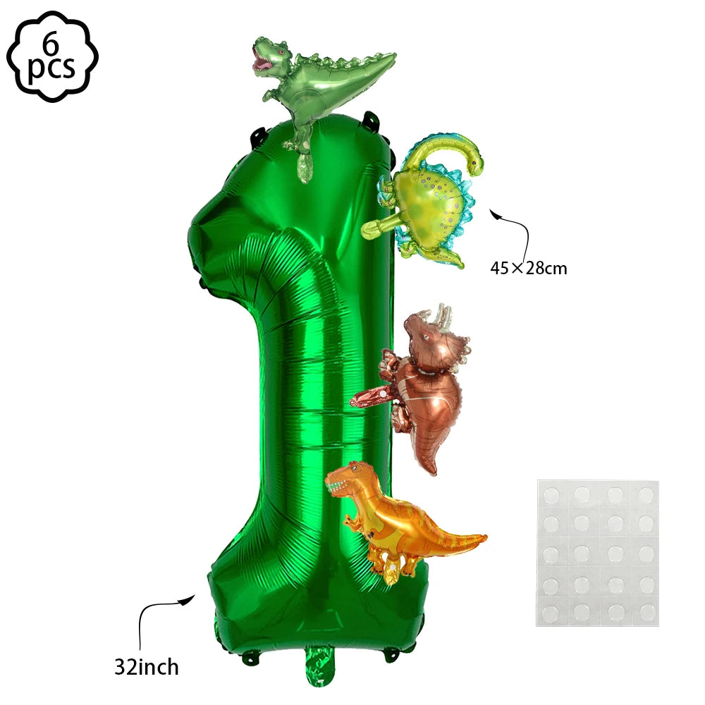 Green foil balloon shaped like a dinosaur, including a banner and standing balloons.