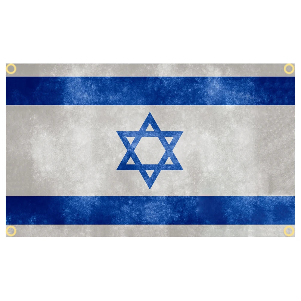 A banner featuring the flag of Israel with horizontal blue and white stripes and a blue Star of David in the center.