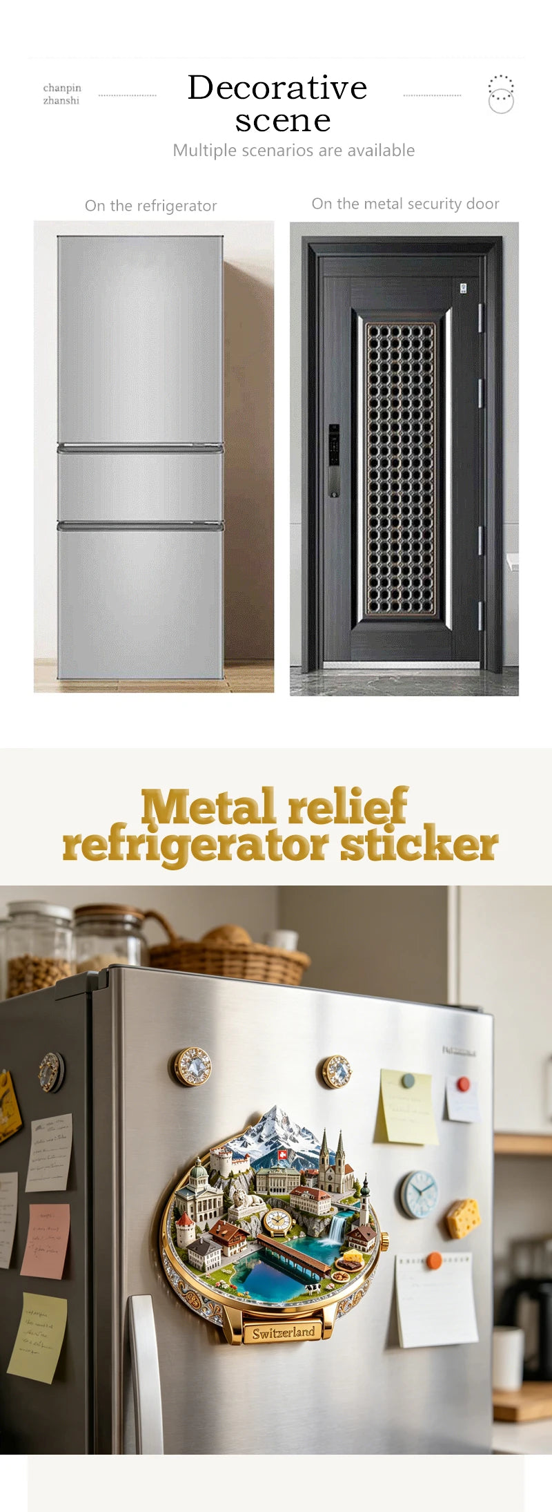 A close-up of a stainless steel refrigerator featuring an embossed metal magnet depicting a scenic Switzerland landscape.