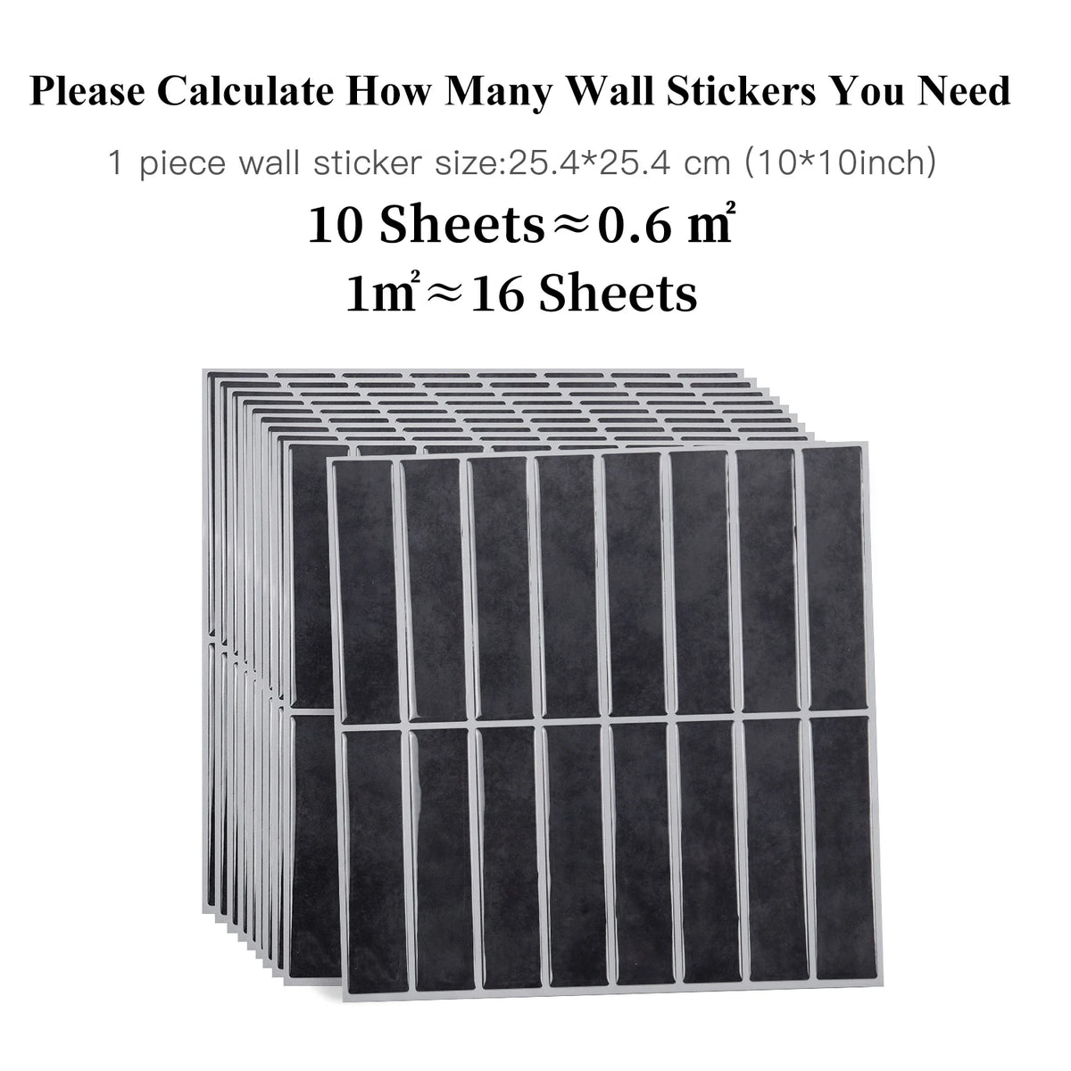 A stack of rectangular black peel-and-stick wall tiles for kitchen and bathroom backsplashes.