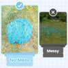 A comparison showing a clean lawn with blue confetti and a messy lawn with scattered blue confetti.