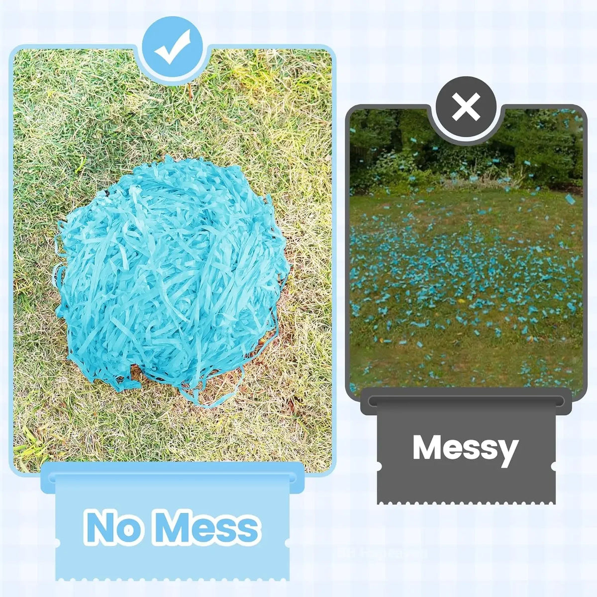 A comparison showing a clean lawn with blue confetti and a messy lawn with scattered blue confetti.
