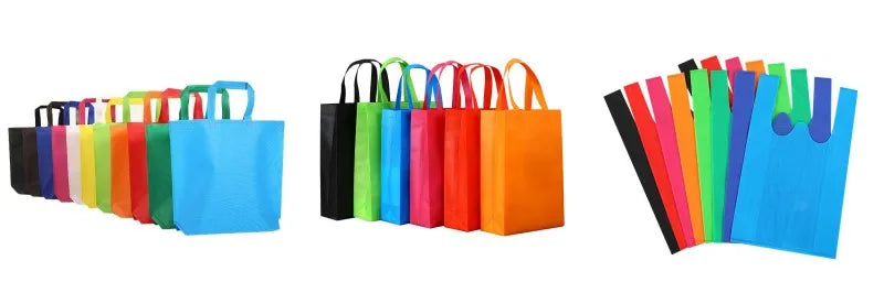 A collection of colorful reusable gift bags in various solid colors, including black, green, pink, orange, and blue.