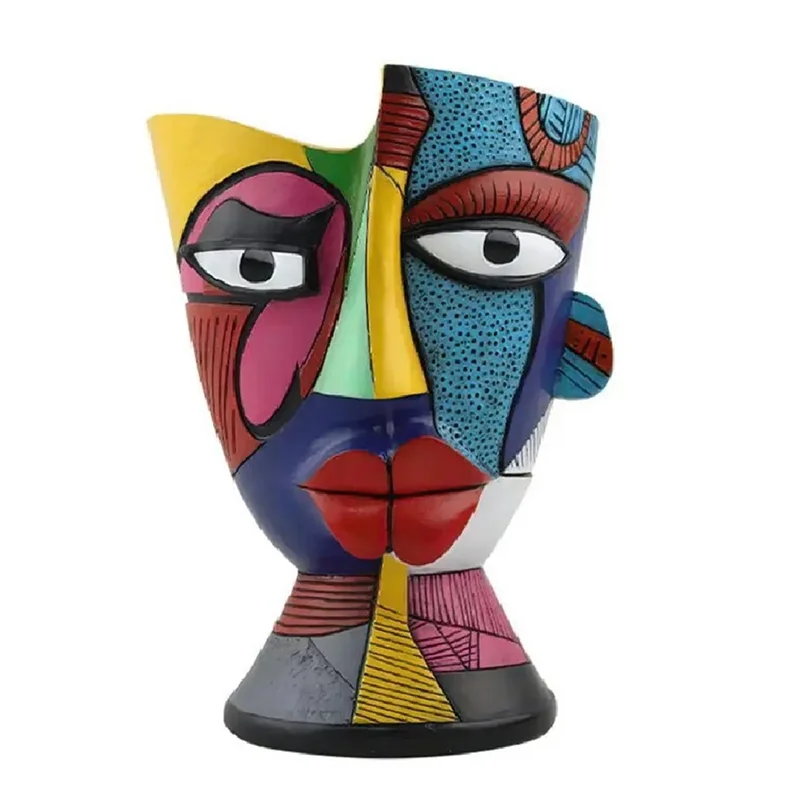 Abstract resin decorative planter pot featuring vibrant colors and facial features.