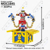 A yellow and red building block model of a character, assembled into a standing figure.