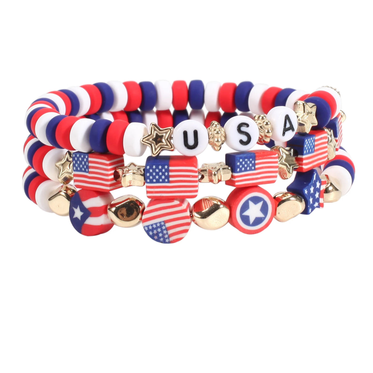 A set of patriotic American flag beaded stretch bracelets featuring red, white, and blue colors and stars.