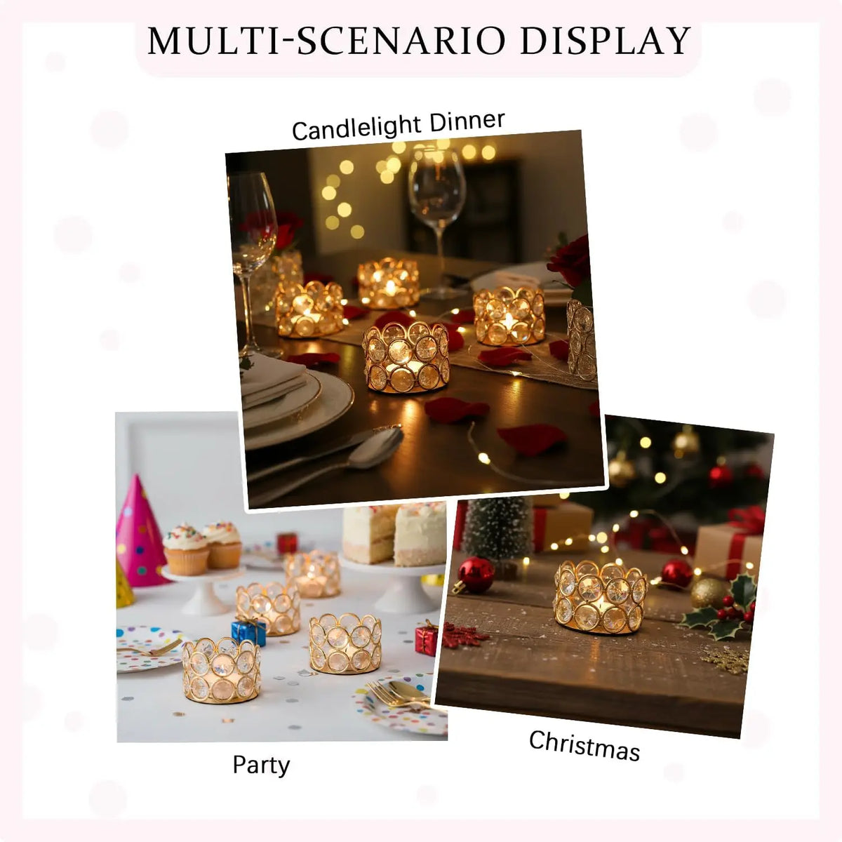Multi-scenario display featuring crystal gold votive candle holders in settings for dinner, party, and Christmas.