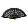 Abanico plegable de encaje vintage negro con detalles dorados.