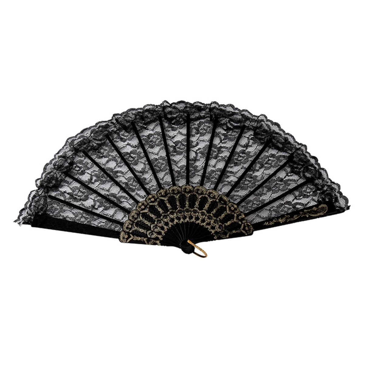 Abanico plegable de encaje vintage negro con detalles dorados.