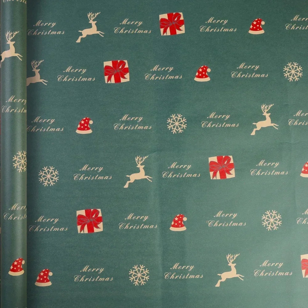 A sheet of festive Christmas patterned kraft wrapping paper featuring reindeer, gifts, and snowflakes in shades of green and 