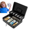 A black lockable metal cash box is open, displaying various stacks of money and jewelry inside.